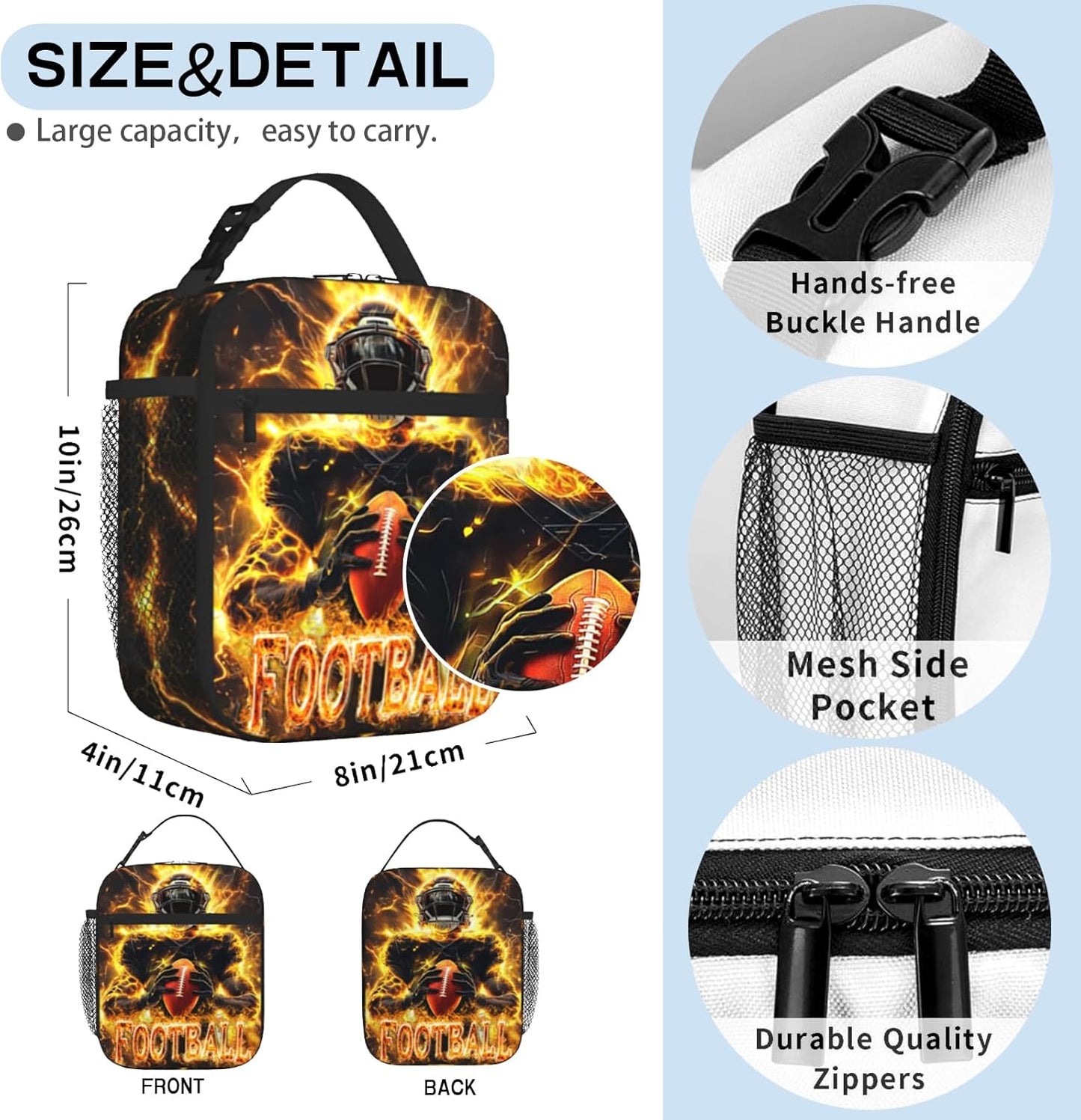 Boys Lunch Box for School Insulated Football Lunch Bag for Kid Boys Girls Teen Bento Boxes to School Office Picnic Travel Hiking Lunchbag Waterproof Leakproof with Adjustable Shoulder Strap