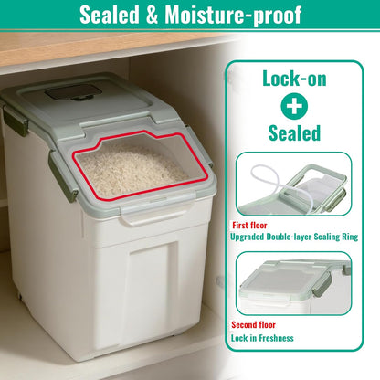 4 Pack Rice Container 25 lbs Large Bulk Flour Sugar Storage Holdhouse Plastic Grain Cereal Dry Goods Bin with Spoon and Measuring Cup for Kitchen Pantry Organization - Green