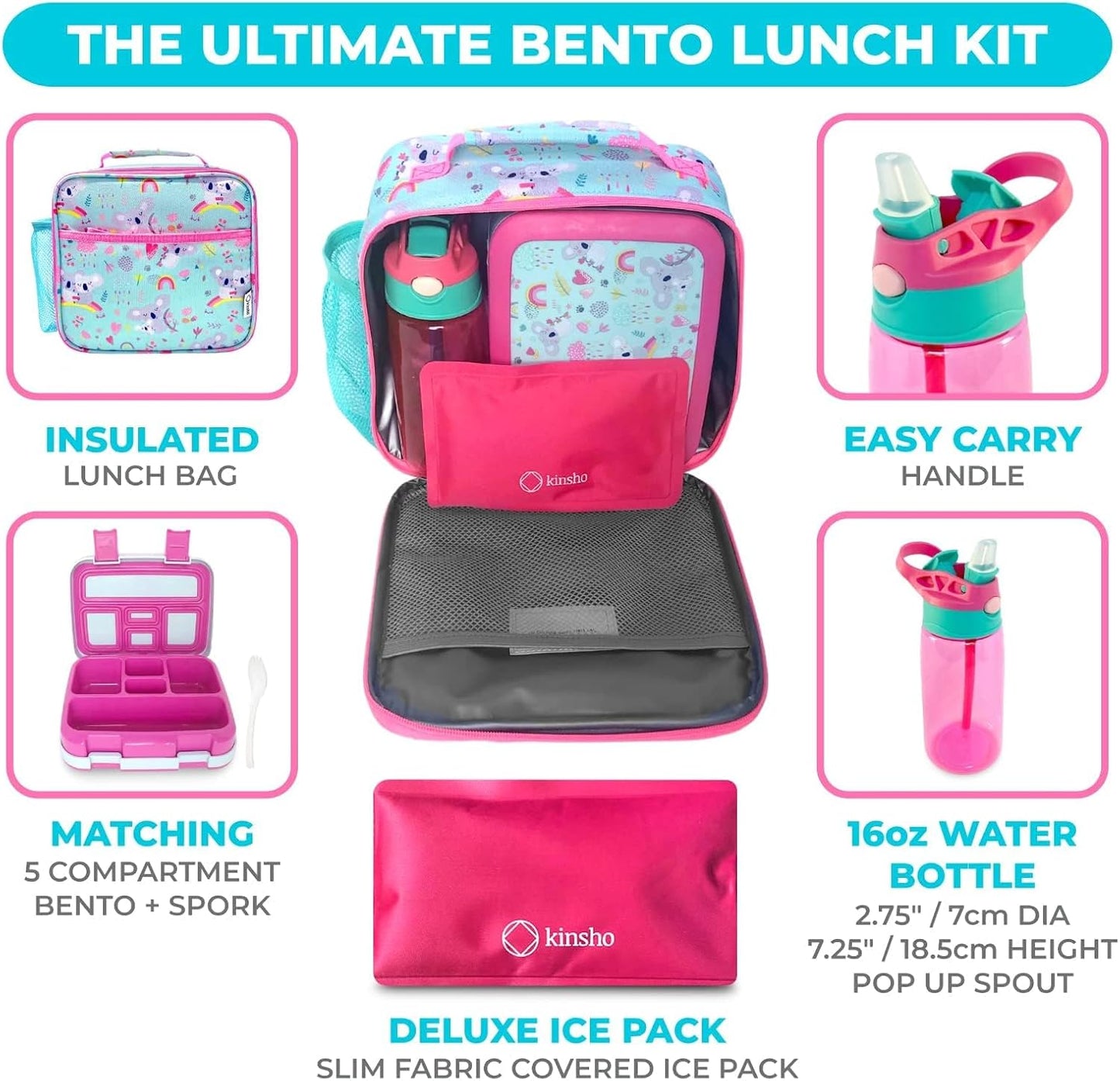 Bento Lunch Box with Bag, Water Bottle & Ice Pack Set for Kids Toddlers, 4 Portion Sections, Removable Tray, Pre-School Boy Toddler Daycare Lunches, Insulated Snack Container, Blue Space Dinosaur
