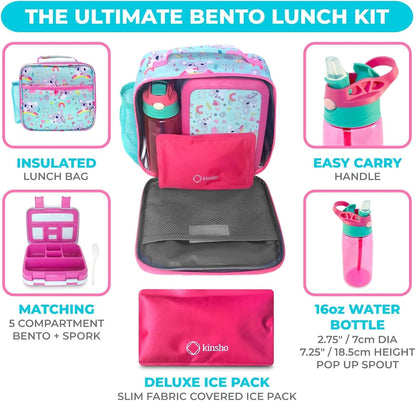 Bento Lunch Box with Bag, Water Bottle & Ice Pack Set for Kids Toddlers, 4 Portion Sections, Removable Tray, Pre-School Boy Toddler Daycare Lunches, Insulated Snack Container, Blue Space Dinosaur