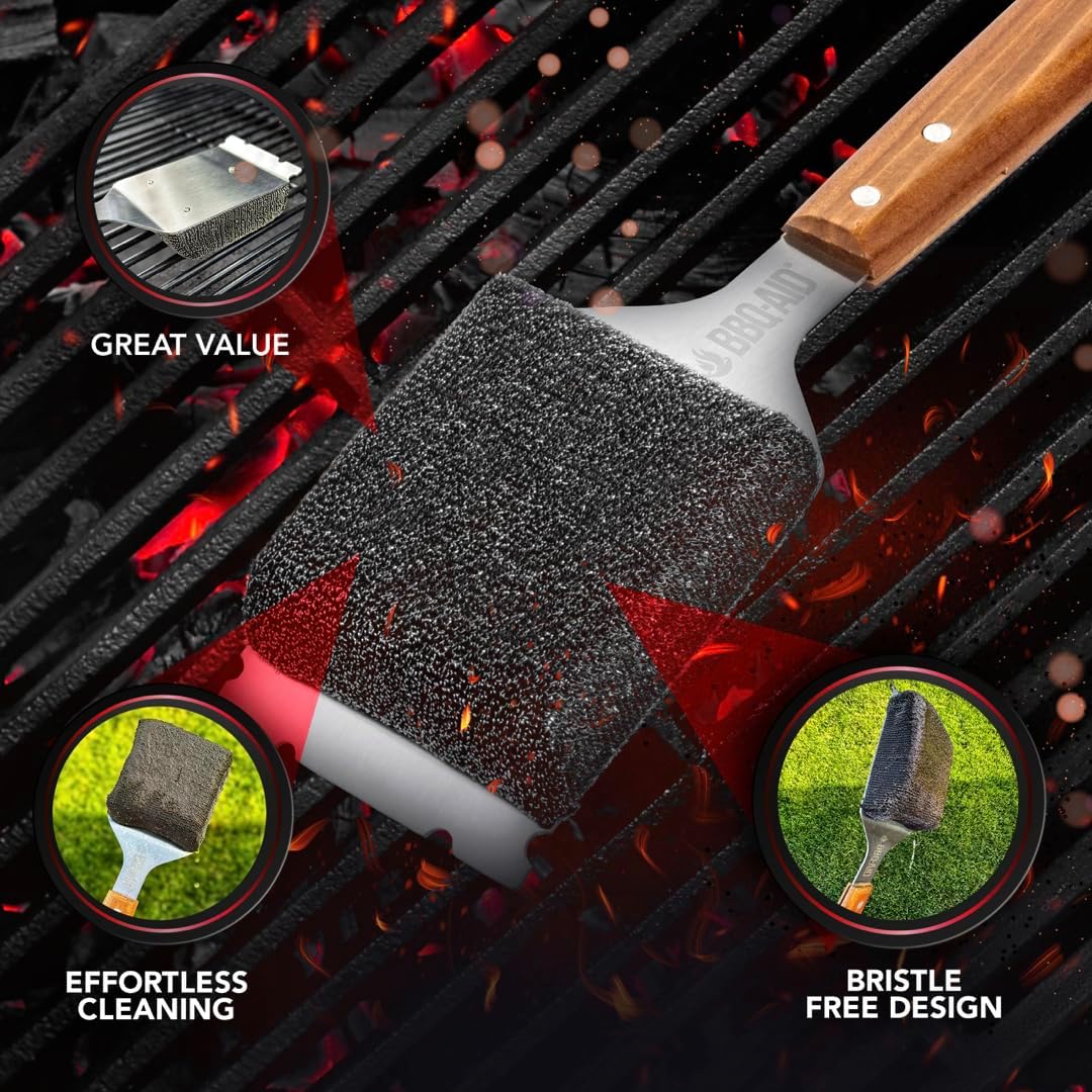 BBQ-AID Bristle Free Grill Brush and Scraper for Barbecue - Extended Large Wooden Handle with Replaceable Head - No Scratch BBQ Cleaning Accessories for Outdoor Grills
