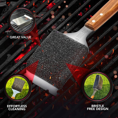 BBQ-AID Bristle Free Grill Brush and Scraper for Barbecue - Extended Large Wooden Handle with Replaceable Head - No Scratch BBQ Cleaning Accessories for Outdoor Grills