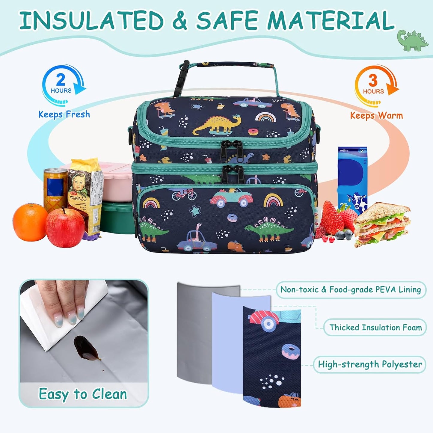 Kasqo Lunch Bag Kids, Dual Compartment Insulated Cooler Bag 7.5L Girls Boys Toddler Lunch Box Containers for Daycare School Kindergarten Travel Ombre Butterfly