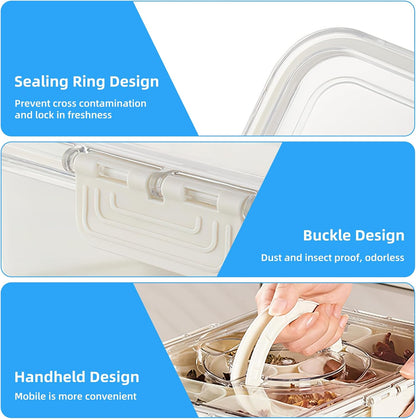 Snackle Box Container 8-Section,Clear Divided Tray w/Secure Lid & Handle,Perfect Organizer for Fruits, Veggies, Candy & Charcuterie,Dishwasher Safe,Ideal for Travel, Parties & Picnics!(1)