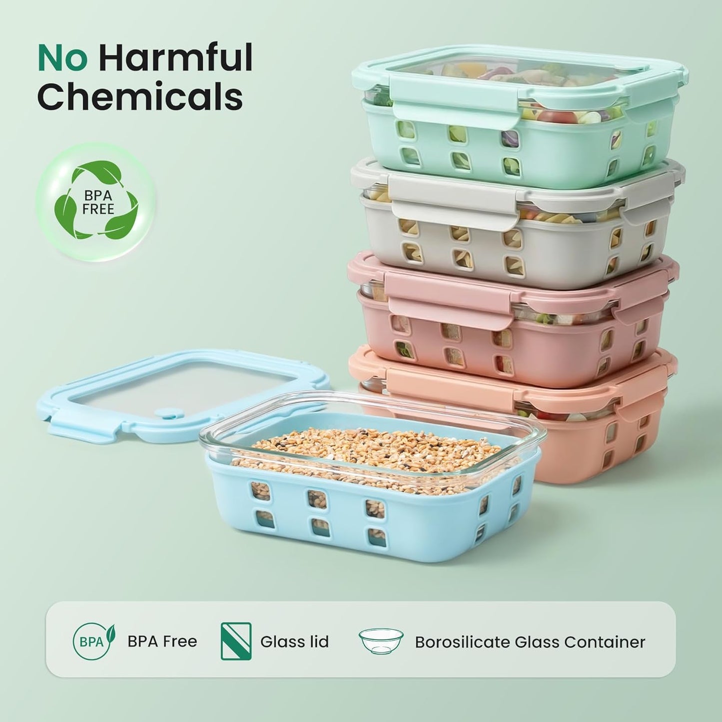 GENICOOK Glass Food Storage Containers With Glass Lids Bento Box Set Lunch Box Eco Friendly Meal Prep Containers Airtight – Plastic Free, Silicon Sleeve Bpa Free 4.4cup/ 5 * 1050ml