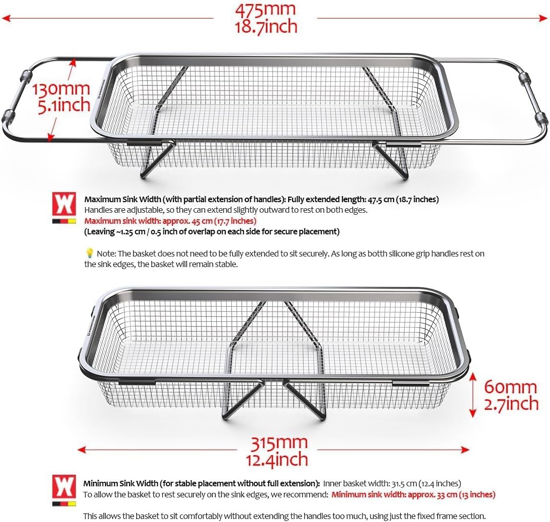 WAGENSTEIGER Extendable Dish Rack with Feet, Vegetable Colander Basket, Stainless Steel Dish or Silverware Drying Rack, Ultimate Kitchen Organizer Over the Sink (11.81 x 8.27 x 2.76 Inches)