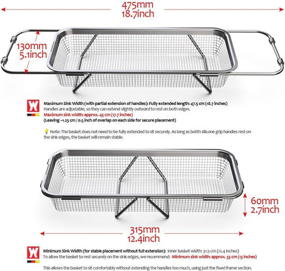 WAGENSTEIGER Extendable Dish Rack with Feet, Vegetable Colander Basket, Stainless Steel Dish or Silverware Drying Rack, Ultimate Kitchen Organizer Over the Sink (11.81 x 8.27 x 2.76 Inches)