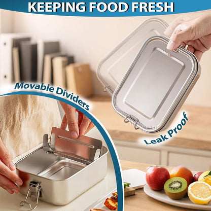 Stainless Steel Lunch Container 2 Pack 304 stainless Steel Bento Box Kids Adult(29oz/19oz),Leak Proof Stainless Steel Snack Containers With 1 Compartment and Lunch Bag