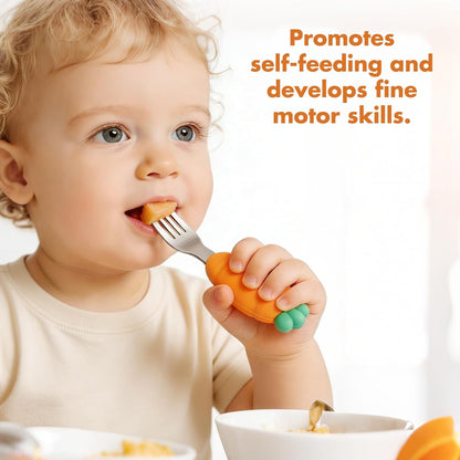 Baby Fork and Spoon Set with Carry Case Baby Training Utensils Self Feeding Toddler Silverware Silicone and Stainless Steel Kids and Toddler Utensil Set-Dinosaur
