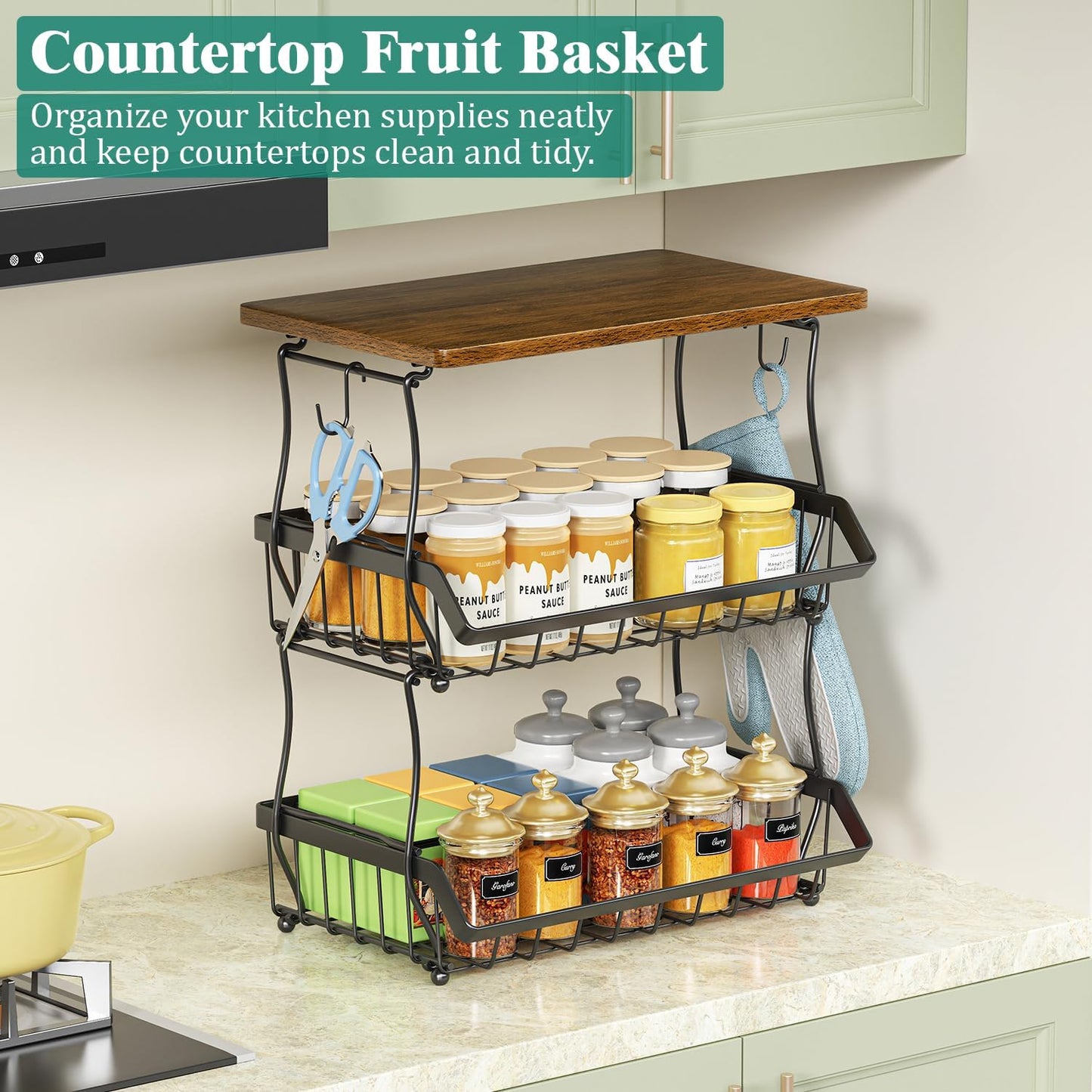 XYZLVSI 3 Tier Countertop Fruit Basket Bread Bowl with Wooden Top for Kitchen, Stackable Vegetable Potato Onion Storage Wire Basket with Banana Hangers, Black