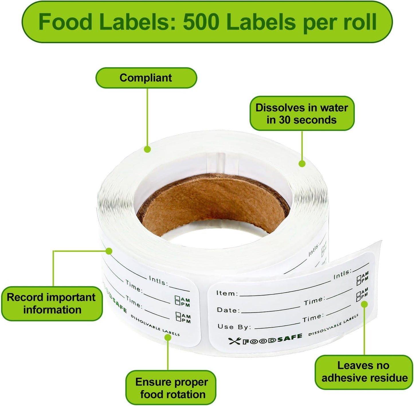 Outus 1500 Pieces Removable Food Labels for Containers 1 x 2 Inch Date Stickers Waterproof Food Storage Freezer Tape Roll Easy Write Clean Oil Resistant for Restaurant Kitchen Home Meal Prep