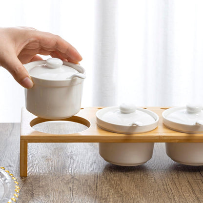 MyGift 10 Pcs Condiment Pot Serving Dish Set, Hosting Essentials, Premium Acacia Solid Wood Raised Display Server Tray and 3 Ceramic Ramekin Dip Bowls with Lids and Spoons