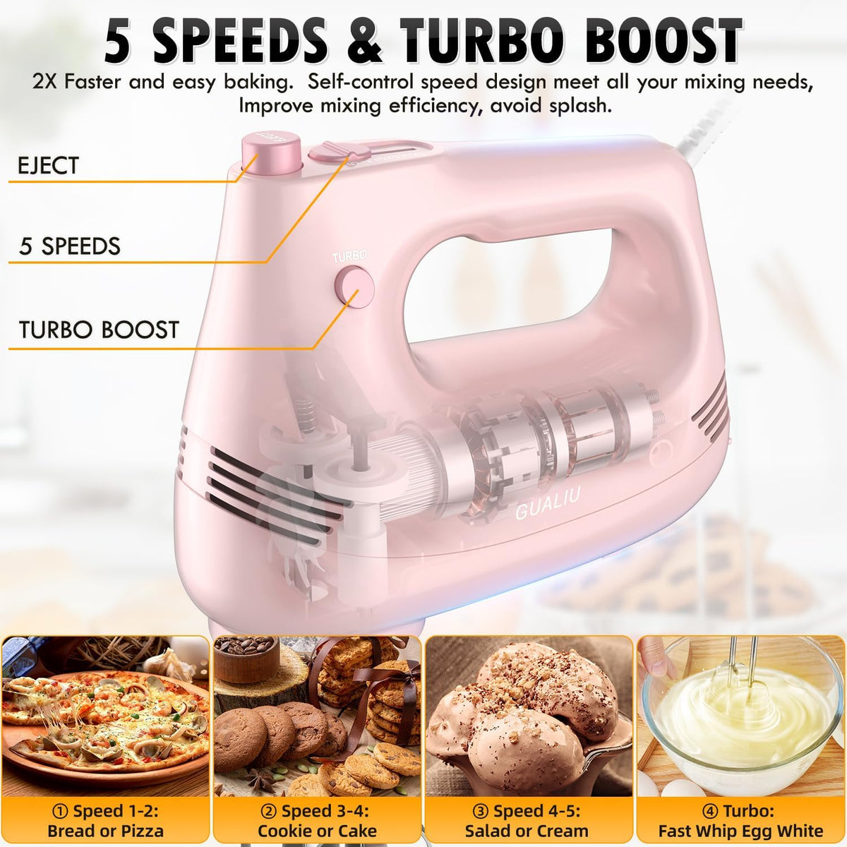 GUALIU Electric Hand Mixer, 304*(2* Beaters, 2* Dough Hooks), (1* Storage Bag) Handheld Mixer for Baking Cakes, Eggs, Cream Food Mixers, Turbo Boost /5 Speed Kitchen Blender PINK