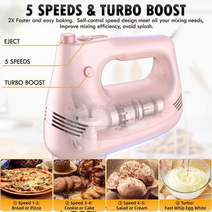 GUALIU Electric Hand Mixer, 304*(2* Beaters, 2* Dough Hooks), (1* Storage Bag) Handheld Mixer for Baking Cakes, Eggs, Cream Food Mixers, Turbo Boost /5 Speed Kitchen Blender PINK
