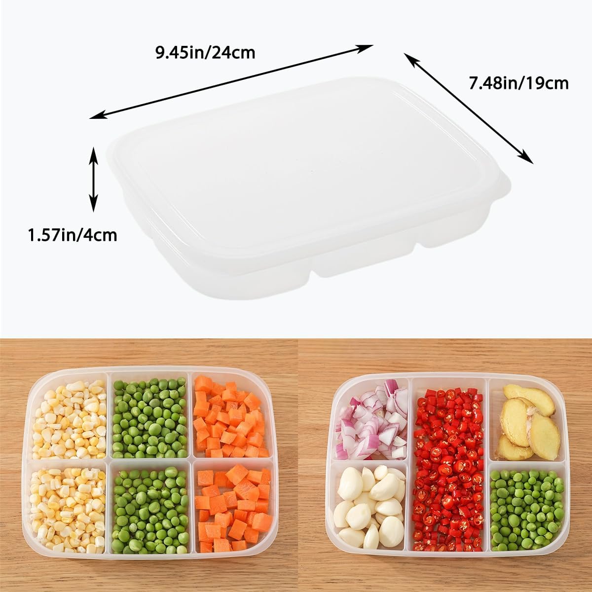 Divided Vegetable Tray with Lid，5 Compartments + 6 Compartments Snack Box - Clear Refrigerator Organizer - Plastic Food Storage Containers for Snacks, Fruits, Vegetables, Salads and Meat（4Pcs