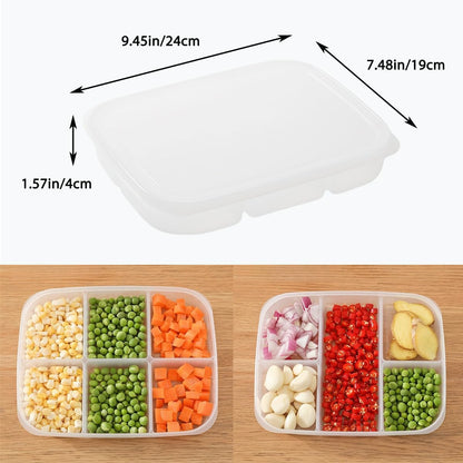 Divided Vegetable Tray with Lid，5 Compartments + 6 Compartments Snack Box - Clear Refrigerator Organizer - Plastic Food Storage Containers for Snacks, Fruits, Vegetables, Salads and Meat（4Pcs