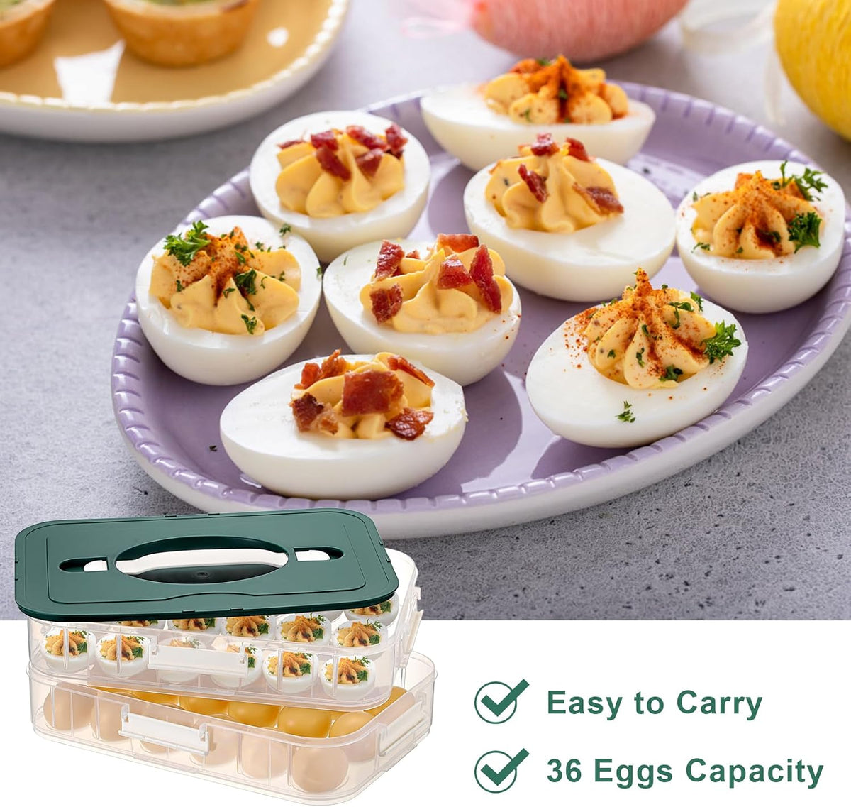 BTSKY Deviled Egg Platter with Lid, 3-Layer 54 Slots Deviled Eggs Carrier, Clear Portable Egg Holder for Fridge Reusable Deviled Eggs Tray Carton Box for Easter and Party Favor (3-Layer, Orange)