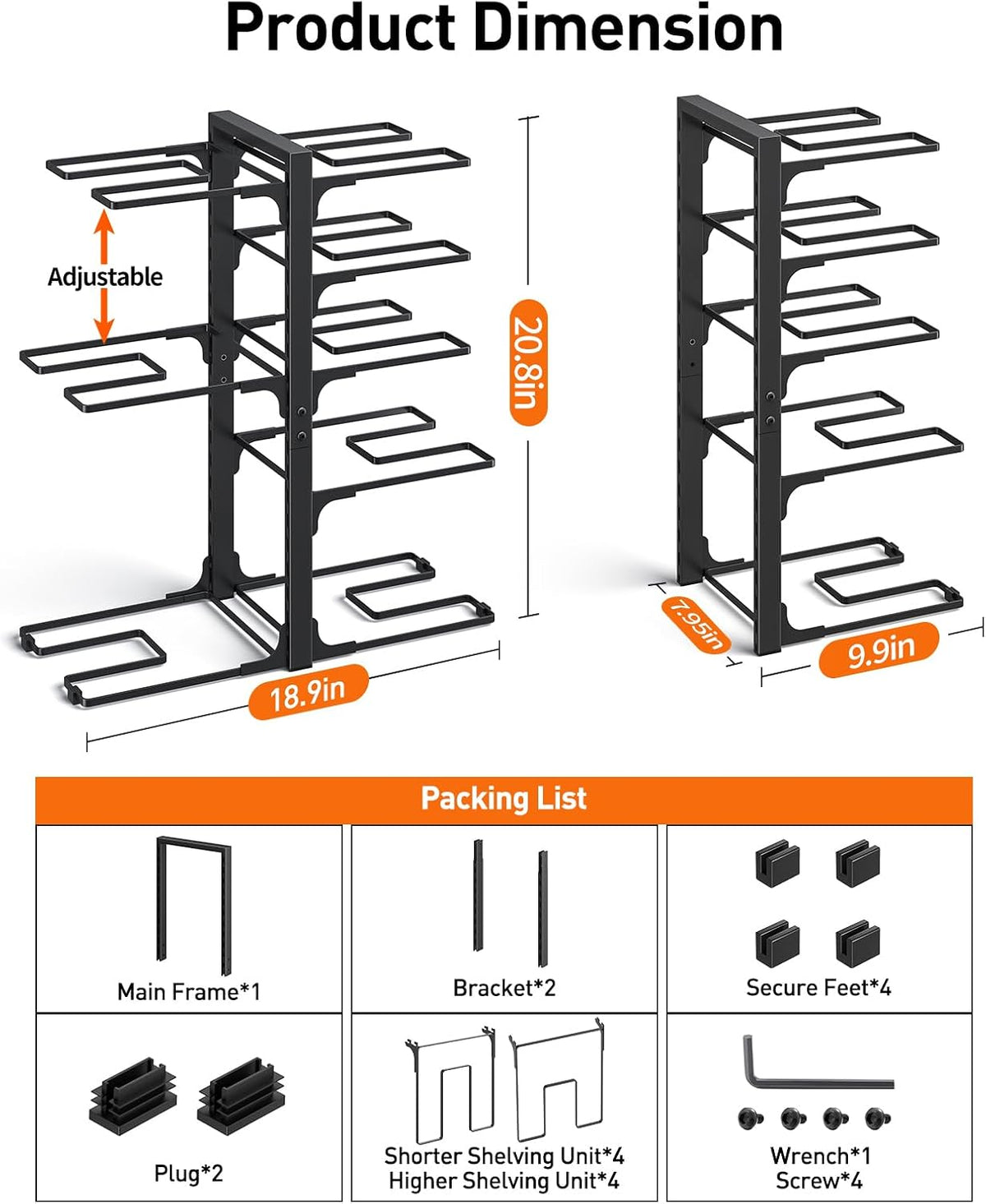 ORDORA Pots and Pans Organizer Under Cabinet 16.6", 8-Tier Adjustable Rack