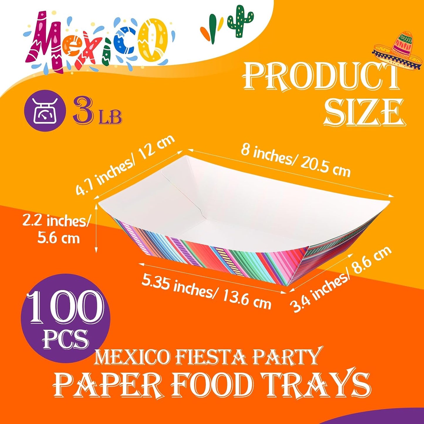 Engrowtic 100 Pcs Fiesta Mexican Nacho Trays Disposable Food Trays Taco Boats for Candy Hot Dog Cinco De Mayo Birthday Party Supplies (3 lb)
