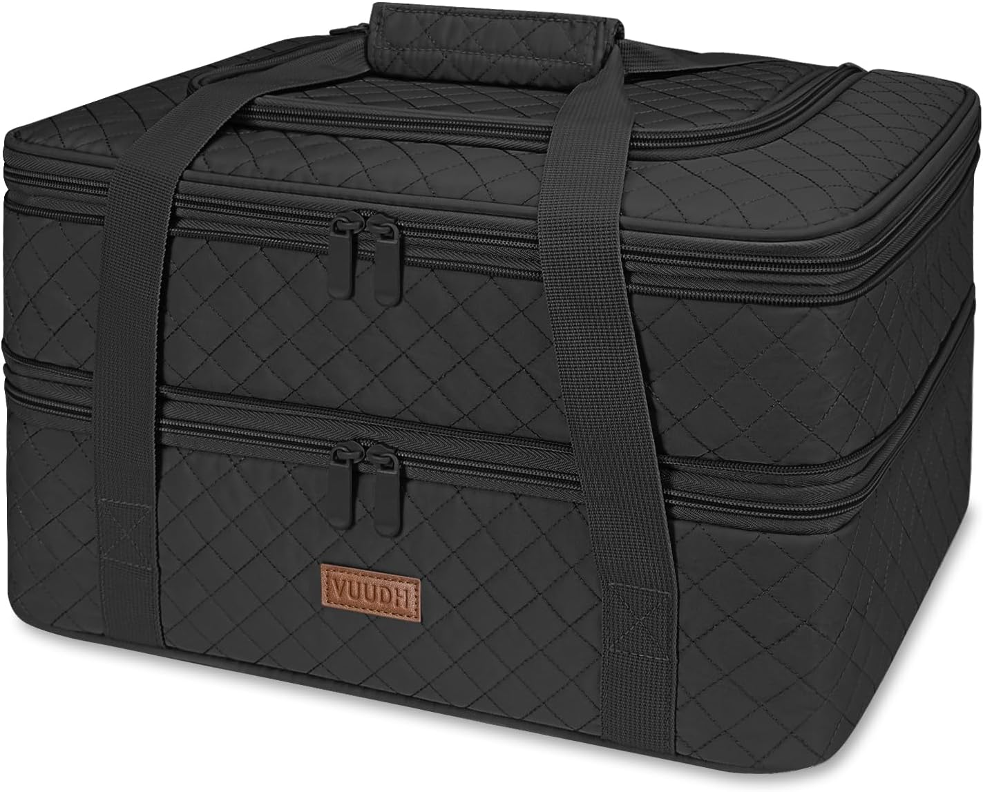 Quilted Double Decker Casserole Carrier - Expandable Dish Carrying Case for Hot or Cold Food, Lasagna Holder for Potluck Parties, Picnic, Beach, Fits 9"×13" Baking Dish (Black)