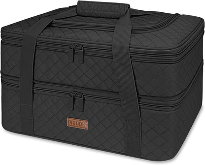 Quilted Double Decker Casserole Carrier - Expandable Dish Carrying Case for Hot or Cold Food, Lasagna Holder for Potluck Parties, Picnic, Beach, Fits 9"×13" Baking Dish (Black)