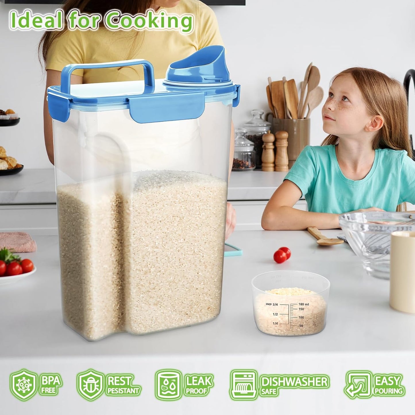 Viretec Rice Storage Container, 15 to 20lb Dry Food Airtight Dispenser, Pet Dog Cat Food Canister, BPA Free Clear Plastic Kitchen and Pantry Bin for Oatmeal, Cereal, Pasta, Flour Pack of 2 Grey