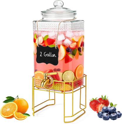 Drink Dispenser for Parties with Stand – 2 Gallon Beverage Dispenser with 18/8 Gold Stainless Steel Leak-Proof Spigot and Glass Lid, Ideal for Tea, Juice, Lemonade, and Party Drinks