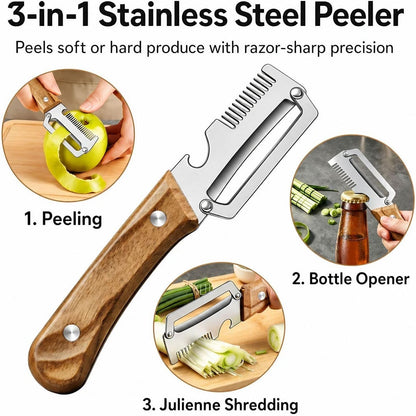 3-in-1 Vegetable Peeler, Julienne Shredder, Classic Dark Wood