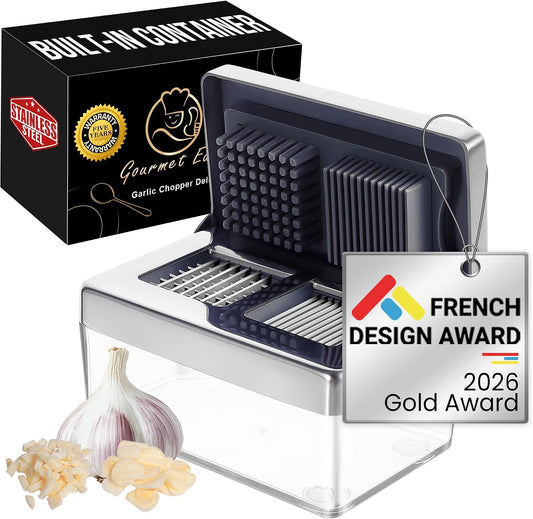 Gourmet Easy Garlic Press Chopper, 2-in-1 Slicer & Dicer, Fridge Friendly