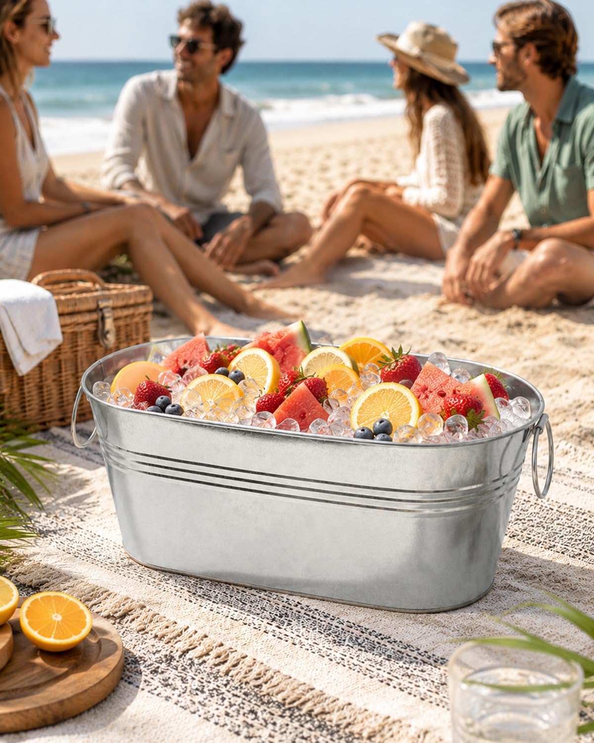 2 Pack 3 Gallon Galvanized Tub Ice Bucket, 15x7x6.5" Metal Drink Buckets for Parties, Leak-Proof Beer Beverage Tubs with Handles for Champagne Wine Mimosa Bar Supplies (White)