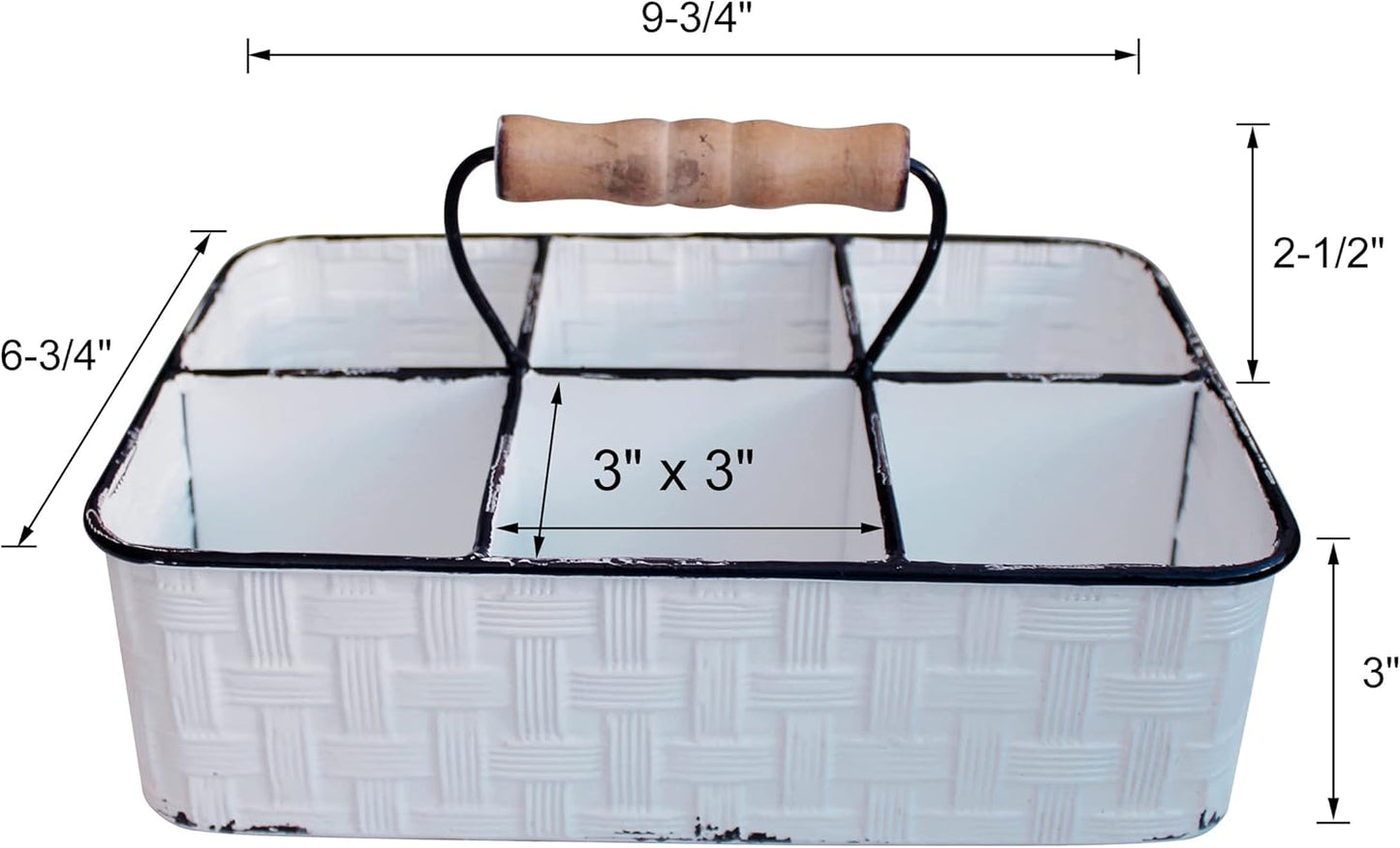 CVHOMEDECO. Rustic Distressed Metal Table Caddy, Bottles holder, Tabletop Organizer, Enamel Finish with Wood handle and 6 Compartments, White