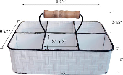 CVHOMEDECO. Rustic Distressed Metal Table Caddy, Bottles holder, Tabletop Organizer, Enamel Finish with Wood handle and 6 Compartments, White