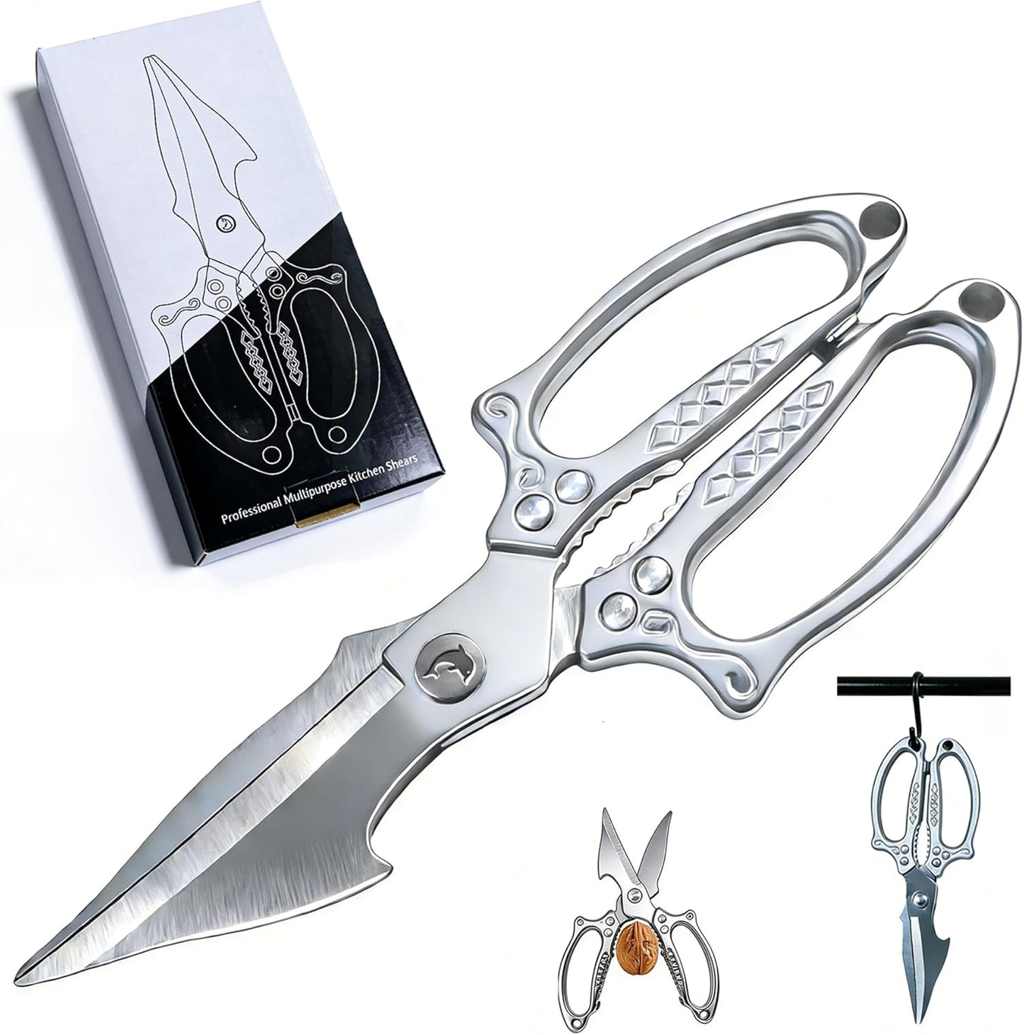 Multifunctional Heavy Duty Kitchen Shears,Kitchen Scissors for Food, Kitchen Shears for Cutting Chicken,Japanese High-Carbon Steel Culinary Poultry Shears, for Chicken,Meat,Fish,Bone Cutting(Silver)