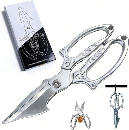Multifunctional Heavy Duty Kitchen Shears,Kitchen Scissors for Food, Kitchen Shears for Cutting Chicken,Japanese High-Carbon Steel Culinary Poultry Shears, for Chicken,Meat,Fish,Bone Cutting(Silver)