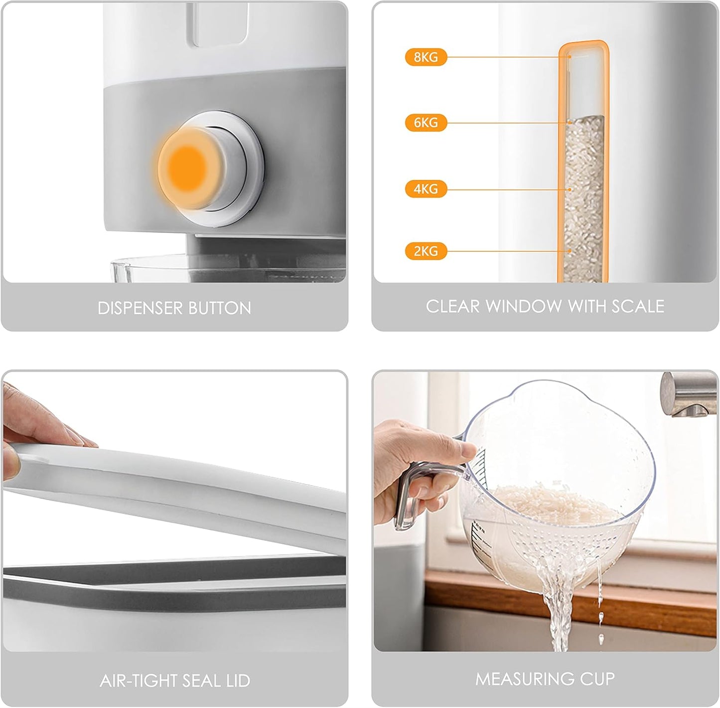 Proarea Rice Dispenser 25 Lbs, Airtight Grain Rice Storage Container with Measuring Cup, One-Touch Dry Food Dispenser for Kitchen Pantry, Clear Scale Window, Grey