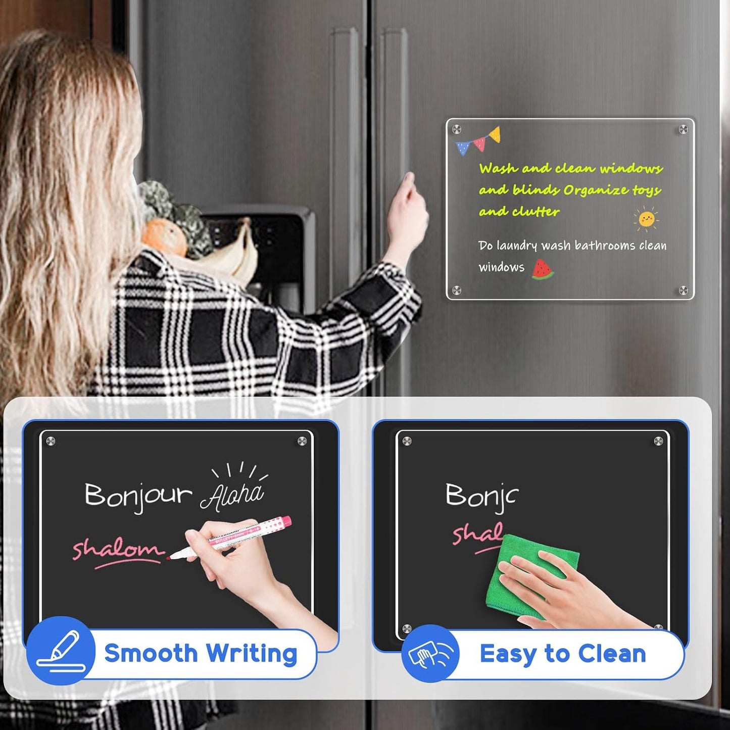 WALGLASS Acrylic Calendar for Fridge, 8.5"x11" Gold Weekly Clear Acrylic Magnetic Dry Erase Board for Refrigerator, Set of 2 Stronger-Magnetic Reusable Fridge Planner, Includes 8 Liquid Chalk Markers