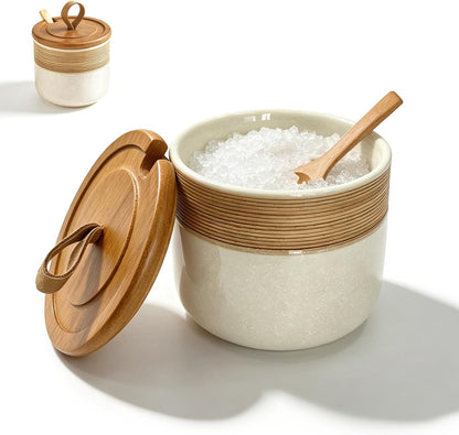 Ceramic Salt Cellar Bamboo Lid Spoon 3.5" Wide 12oz