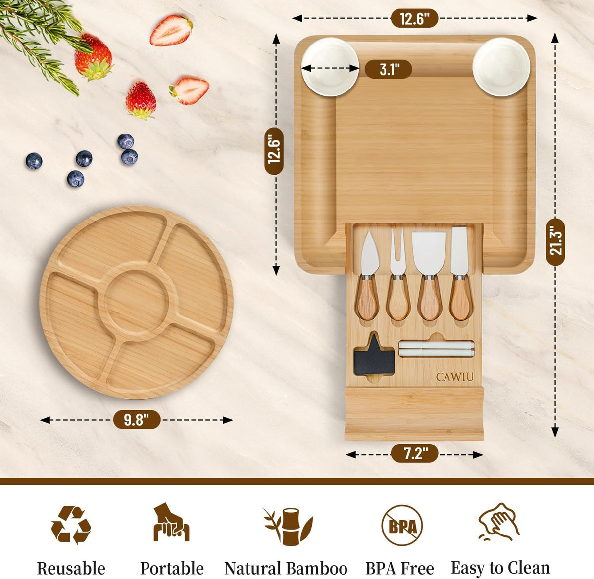 CAWIU Bamboo Charcuterie Board Set with Lid, Drawer and Fruit Tray, Black