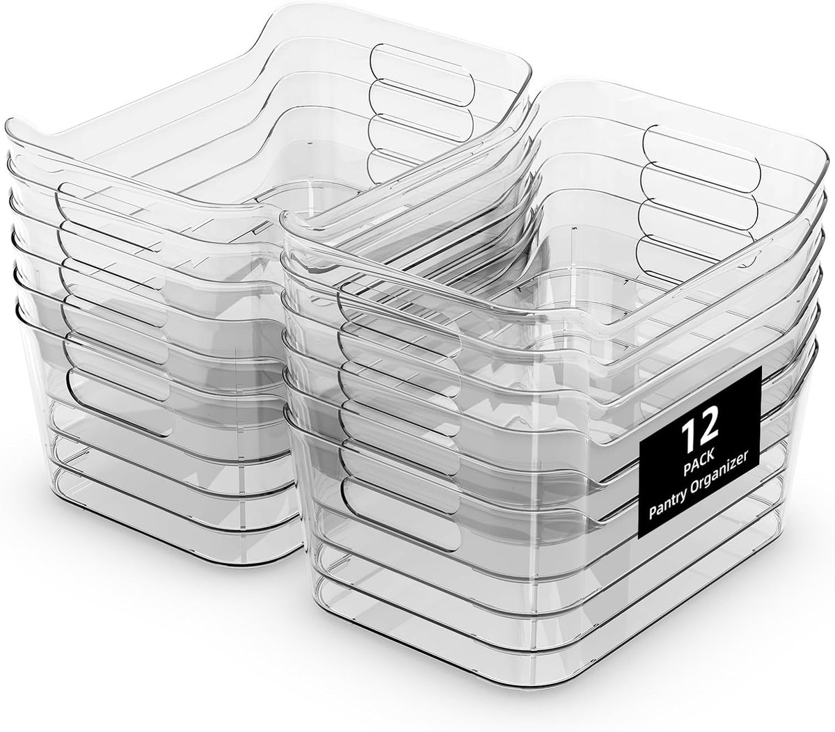 12 Pack Clear Plastic Storage Bins, Pantry Organizers and Storage, Multi-Use Clear Pantry Organizer Bins Storage Containers with Handles for Kitchen, Bathroom, Freezer, Cabinet, Office