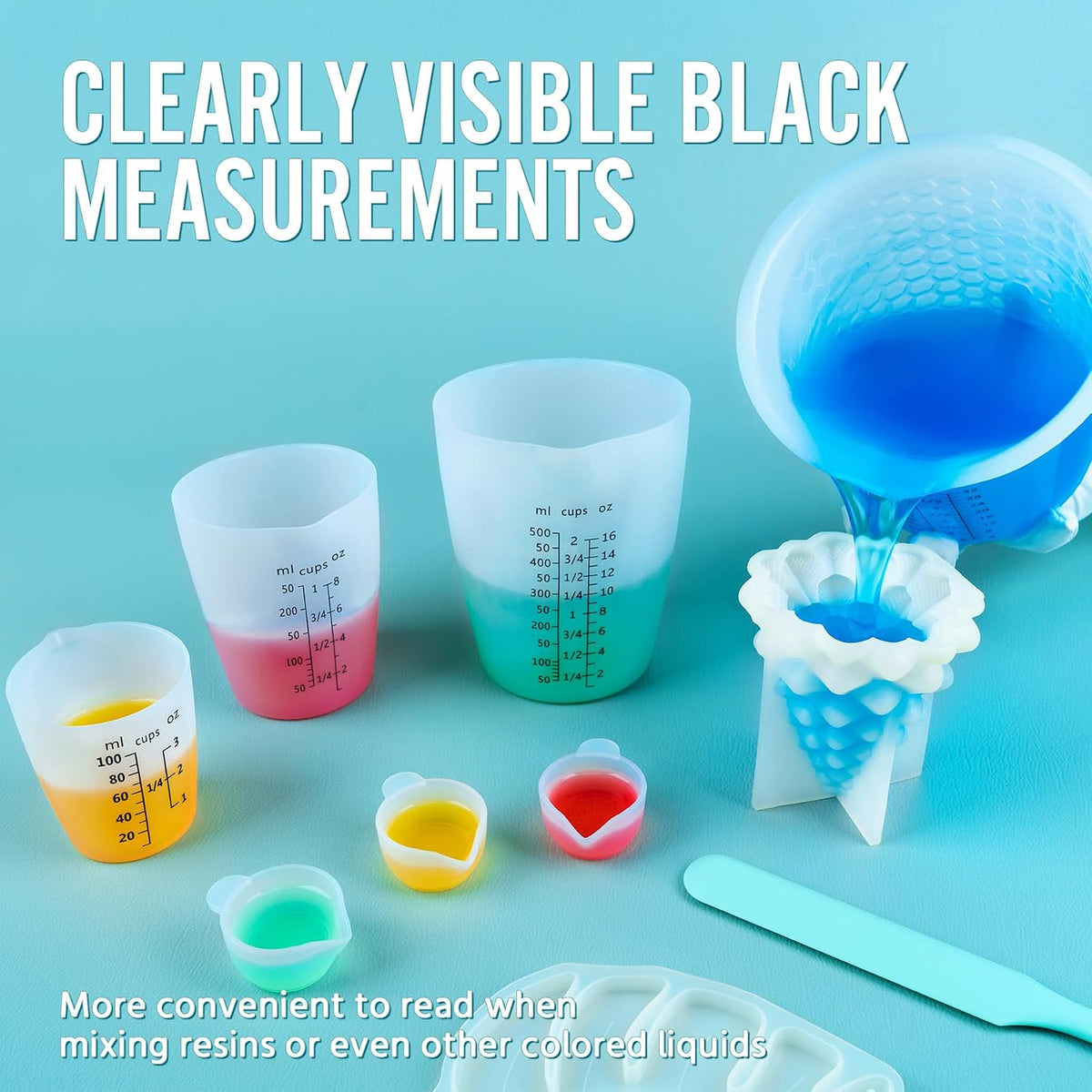 Silicone Resin Mixing Measuring Cups for Resin Supplies, 600ml/20oz Bowl, 250 & 100ml Thickened Reusable Silicone Cups for Epoxy Mixing, with Stir Sticks and Pipettes, Jewelry Making