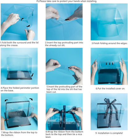 Clear Cake Box, 2 Pcs Transparent Cake Carrier Box with Lids, 4in PET Packaging Boxes with Ribbon Gift Card for Pastries, Clear Gift Boxes for Birthday, Wedding and Festival Party, Black.