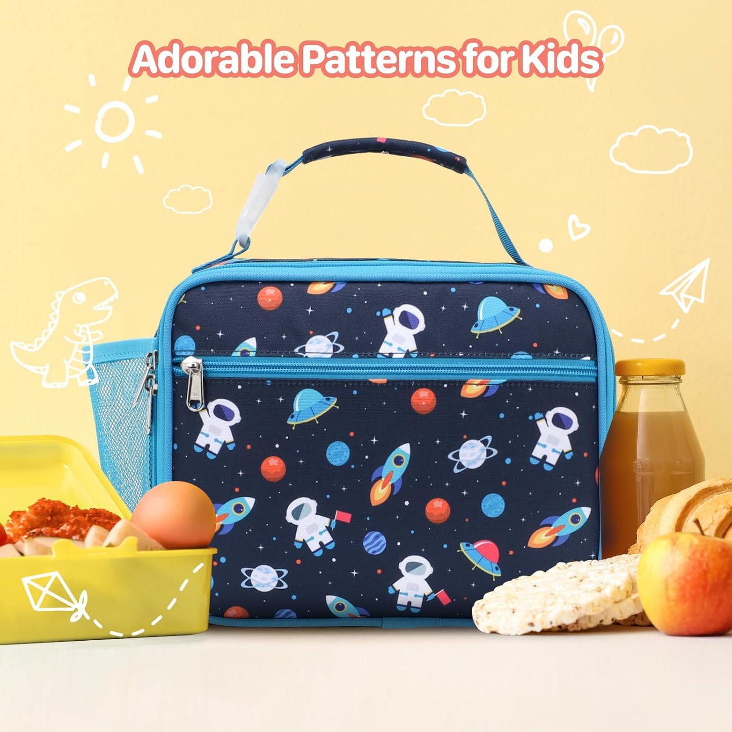 Kids Lunch Bag Boys - Insulated Kids Lunch Box Reusable Lunchbox with Water Bottle Holder Toddler Lunch Tote Bag for School Daycare, Black Dino Fossil