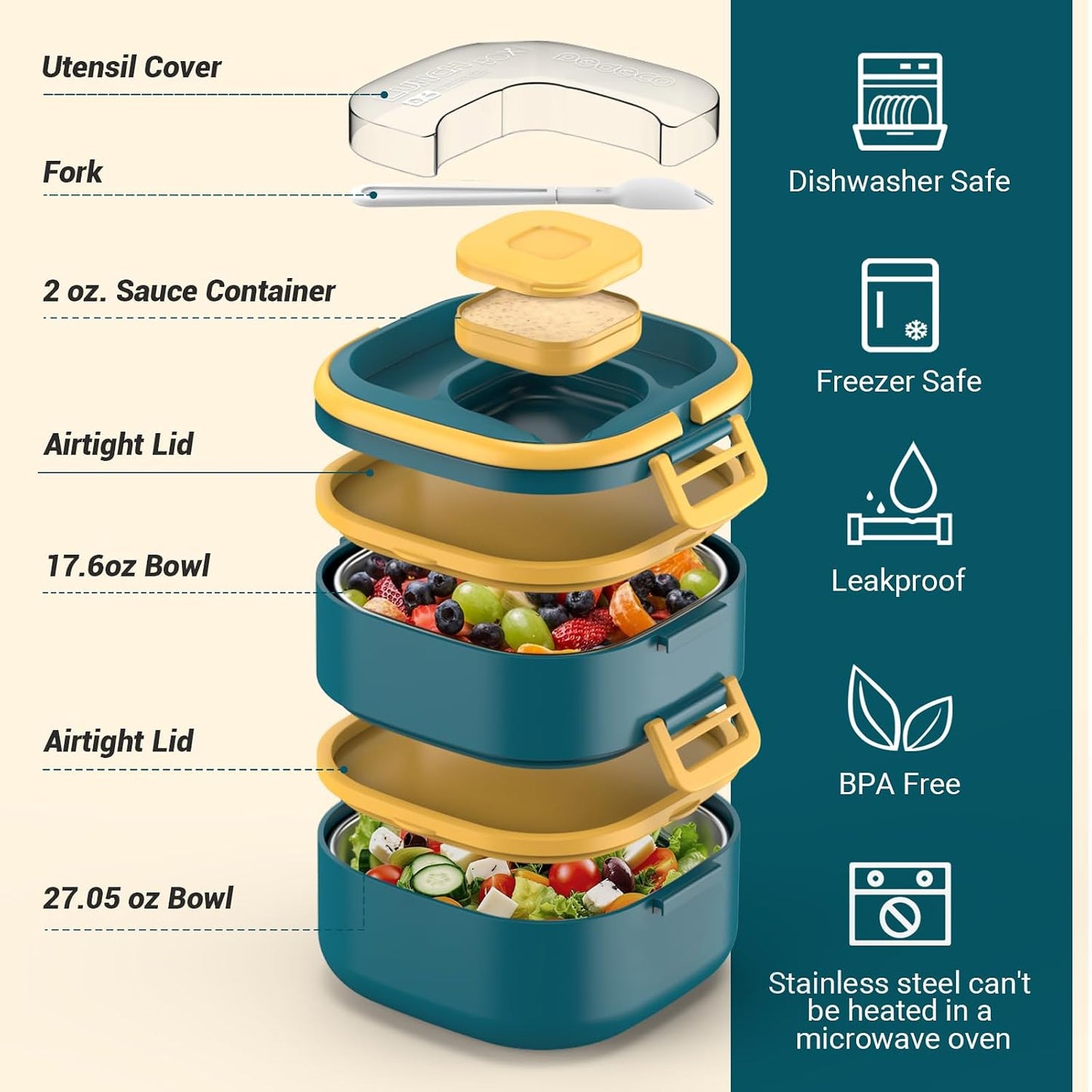 PEDECO Stackable Stainless Steel Bento Box with Insulated bag,Adult & Kids Luch Box,Leak-Proof,1-Tier Bento box,Lunch Box With Portable Sauce Pod and Cutlery-for Teens/Toddler,Dishwasher Safe,Blue