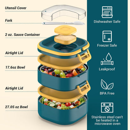 PEDECO Stackable Stainless Steel Bento Box with Insulated bag,Adult & Kids Luch Box,Leak-Proof,1-Tier Bento box,Lunch Box With Portable Sauce Pod and Cutlery-for Teens/Toddler,Dishwasher Safe,Blue