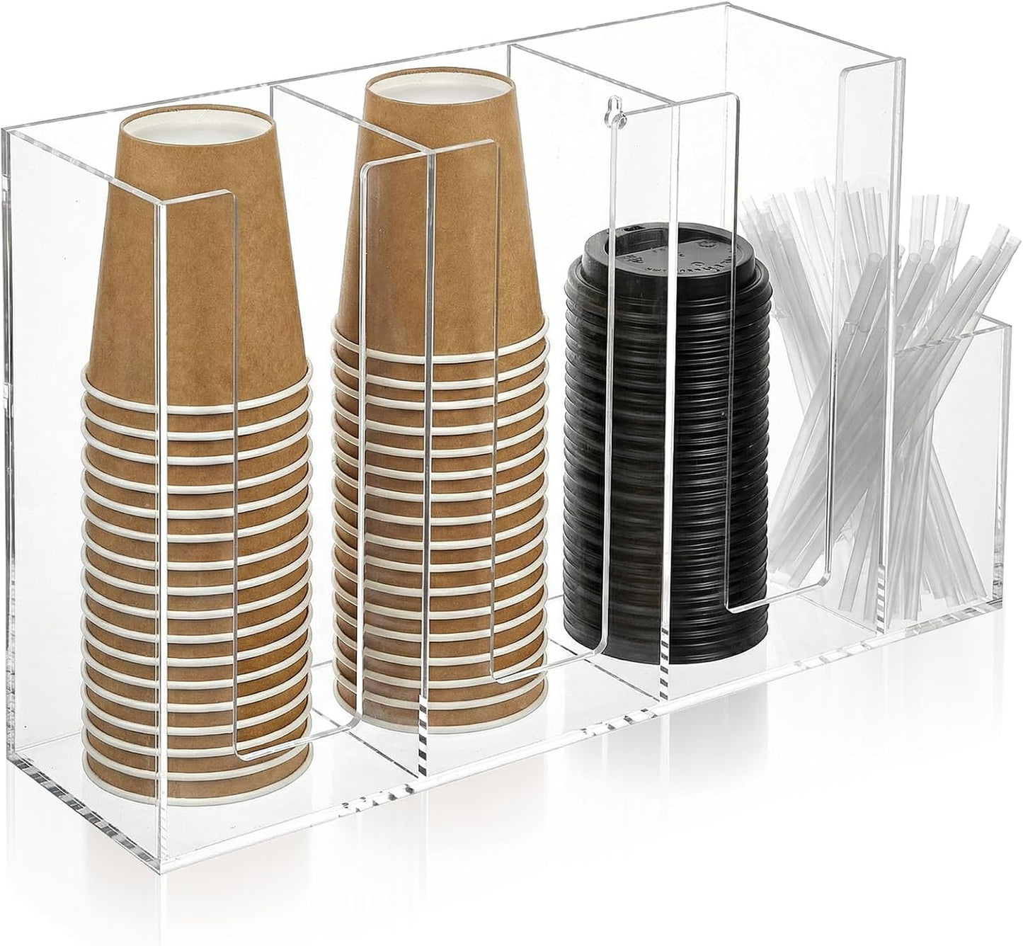 4 Compartments Acrylic Coffee Cup and Lid Holder, Plastic Disposable Paper Cups Dispenser Organizer Clear Lid Straw Holder Accessories for Bar, House, Kitchen, Coffee
