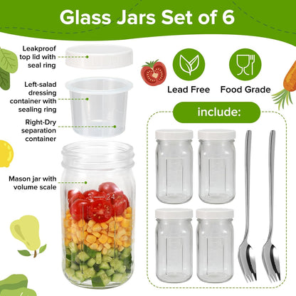 4 Pack Glass Salad Mason Jars with Lids Meal Prep-32 oz Mason Jars Wide Mouth Salad Container for Lunch With Long Sporks-Leak-proof & Separate Compartments for Dressing and Dry Ingredients
