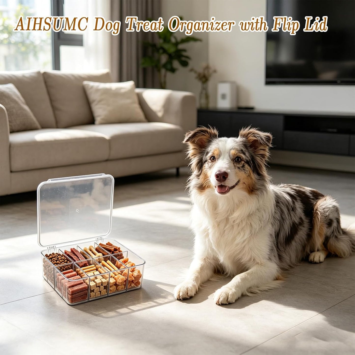 Dog Treat Organizer with Flip Lid, Acrylic Airtight Dog Treat Container, Pet Food Bin with Removable Dividers, Rectangular Dog Cat Treat Bin for Dog Cat Bird and other Pet