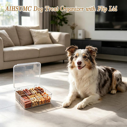Dog Treat Organizer with Flip Lid, Acrylic Airtight Dog Treat Container, Pet Food Bin with Removable Dividers, Rectangular Dog Cat Treat Bin for Dog Cat Bird and other Pet
