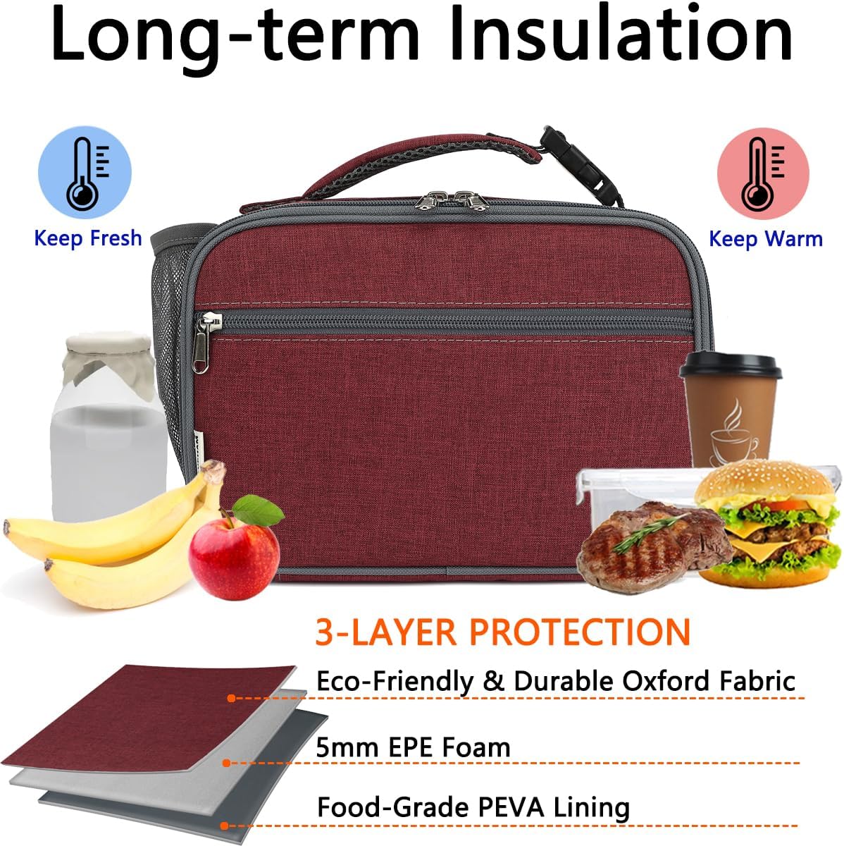 GYEUKHAM Insulated Lunch Box for School, Thermal Reusable Durable Freezable Lunch Bags for Kids Boys Girls Men Women - Small Soft Cooler Portable Lunch Tote Kit for Work Picnic Travel,Black