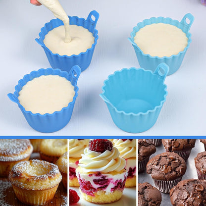 Koluti Nonstick Silicone Muffin Baking Cups Pack of 12, Reusable Cupcake Molds with Double Handle, BPA Free, Mini Round Air Fryer Cupcakes Liner, 3 Colors